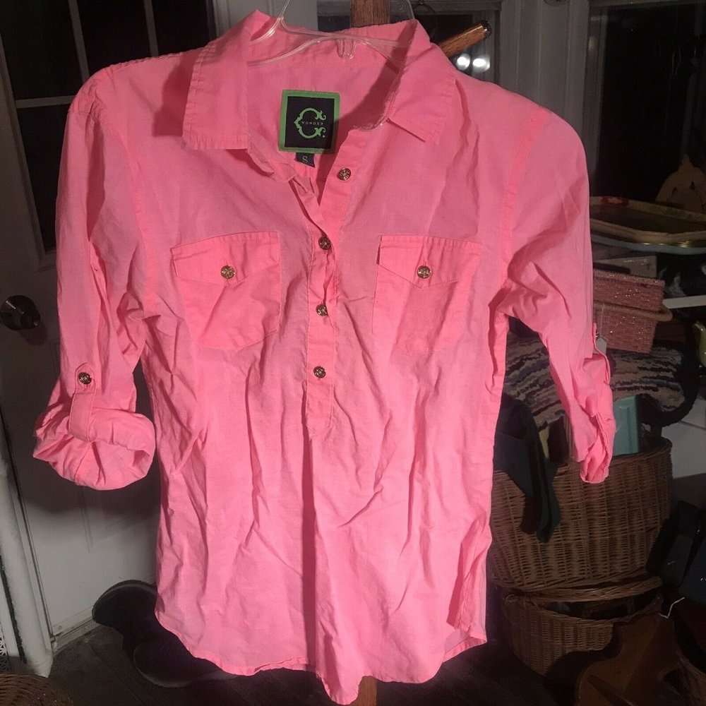 C Wonder Womens Button Front Top S Pink Gold Buttons Cotton Tab Sleeves